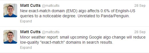 Twitter posts from Matt Cutts on the latest EMD Update