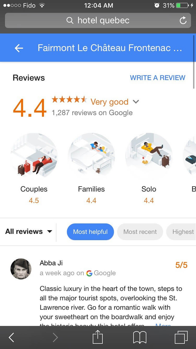 Google displaying reviews by traveler type