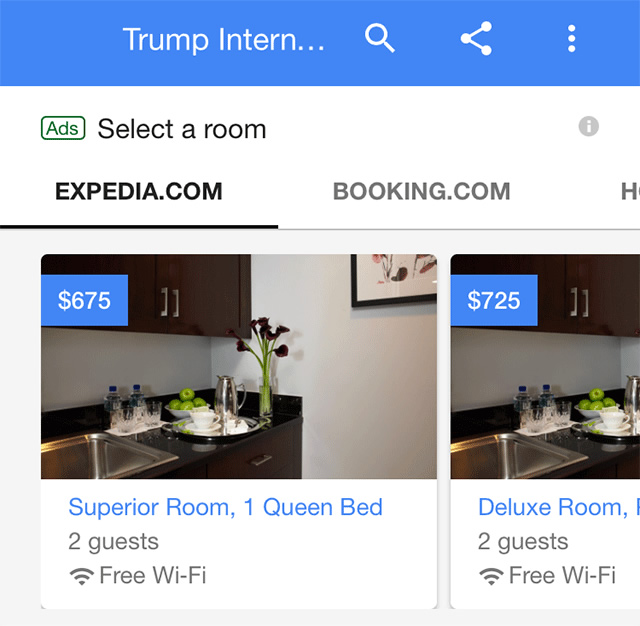Google Hotel Search Results With Select Room Carousel
