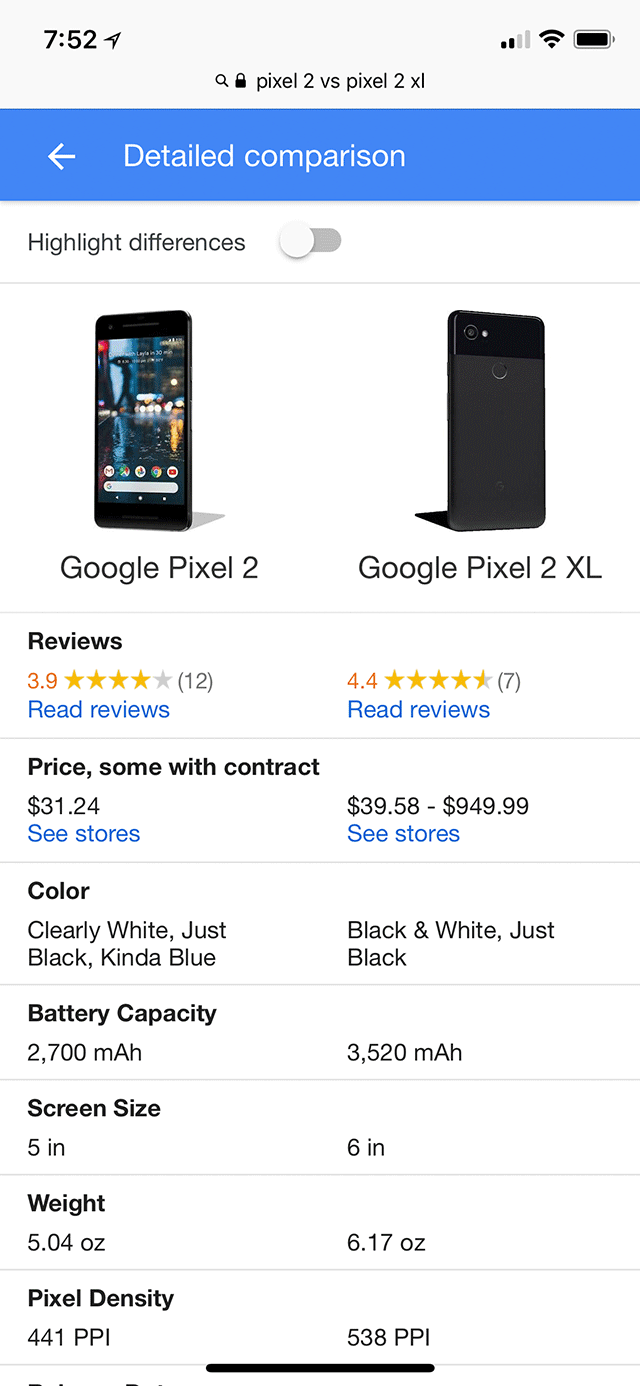 Google Product Comparison With Highlights Differences Toggle