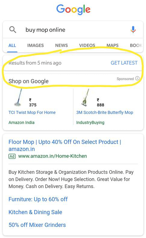 Google Search Shows "Get Latest" Results Refresh Button