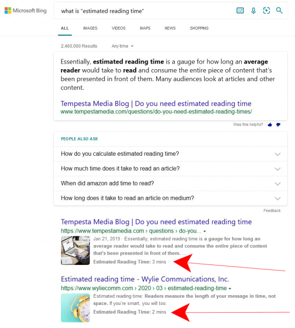 Bing Estimated Reading Time In Search Result Snippets